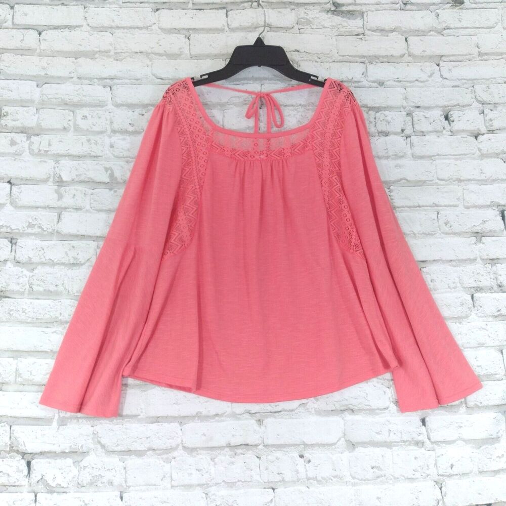 No Boundaries Top Women Juniors Small Pink Bell Sleeve Crochet Lace Peasant Boho
